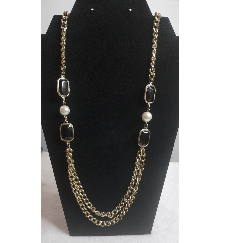 Gold Tone Long Layered Chain Necklace Black Resin Faux Pearl Accents 44 Inch